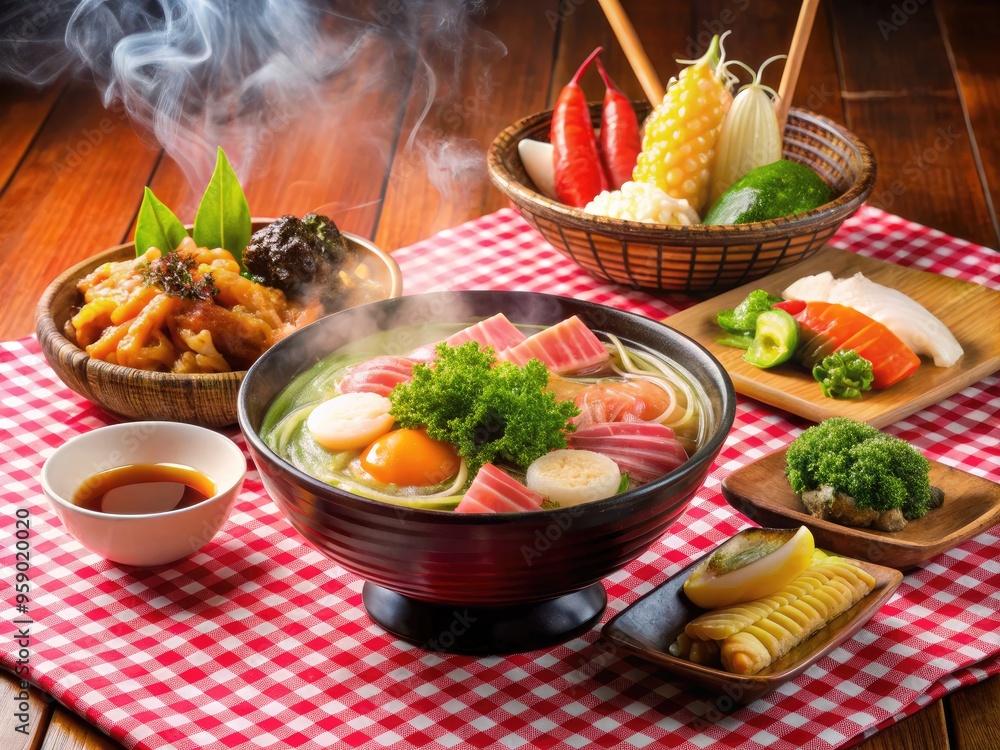 Vibrant and savory Japanese cuisine display featuring steaming ramen, colorful sashimi, and delectable tempura, set against a traditional red-and-white checkered tablecloth backdrop. Vibrant and savory Japanese cuisine display featuring steaming ramen, colorful sashimi, and delectable tempura, set against a traditional red-and-white checkered tablecloth backdrop.