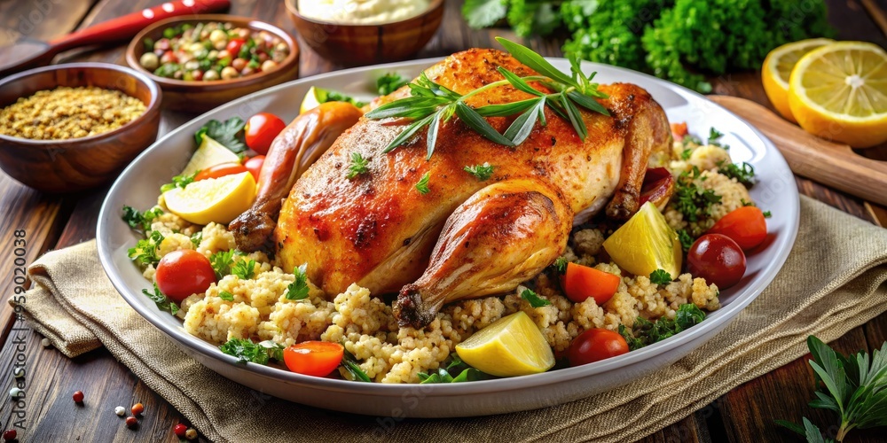 Vibrant and savory, a beautifully plated dish of crispy roasted chicken, golden roasted vegetables, and fluffy quinoa, garnished with fresh herbs and a drizzle of tangy sauce. Vibrant and savory, a beautifully plated dish of crispy roasted chicken, golden roasted vegetables, and fluffy quinoa, garnished with fresh herbs and a drizzle of tangy sauce.