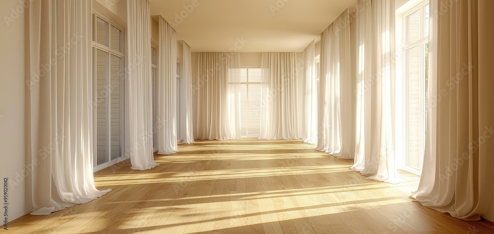 Fototapeta premium Sunlight streams through sheer curtains onto a wooden floor creating a warm and inviting ambiance