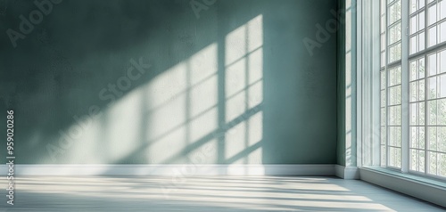 Sunlight streams through a window casting a patterned shadow on a light teal wall The empty room beckons with a sense of potential