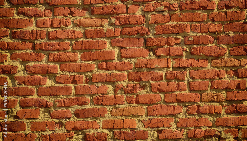 An old scratched red brick wall background. Close up. An old scratched red brick wall background. Close up.
