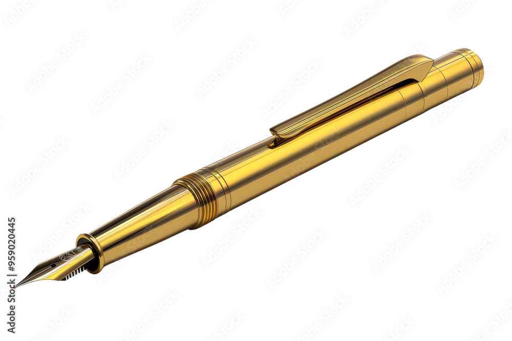 Golden fountain pen. 3D illustration of a luxurious golden fountain pen with a detailed nib, perfect for office or writing-themed concepts. Isolated on transparent background. PNG File, Golden fountain pen. 3D illustration of a luxurious golden fountain pen with a detailed nib, perfect for office or writing-themed concepts. Isolated on transparent background. PNG File,