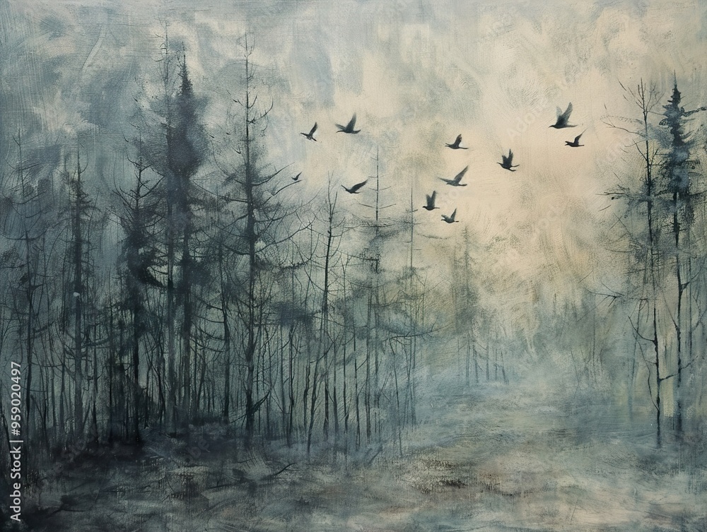 Fototapeta A misty forest with a flock of birds flying overhead.