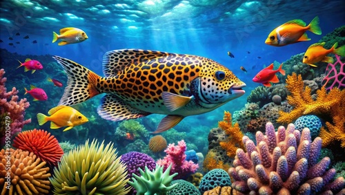 Vibrant aquatic scene featuring a tropical fish with striking leopard-inspired scales, swimming amidst coral and seaweed in a bright, turquoise ocean environment. photo