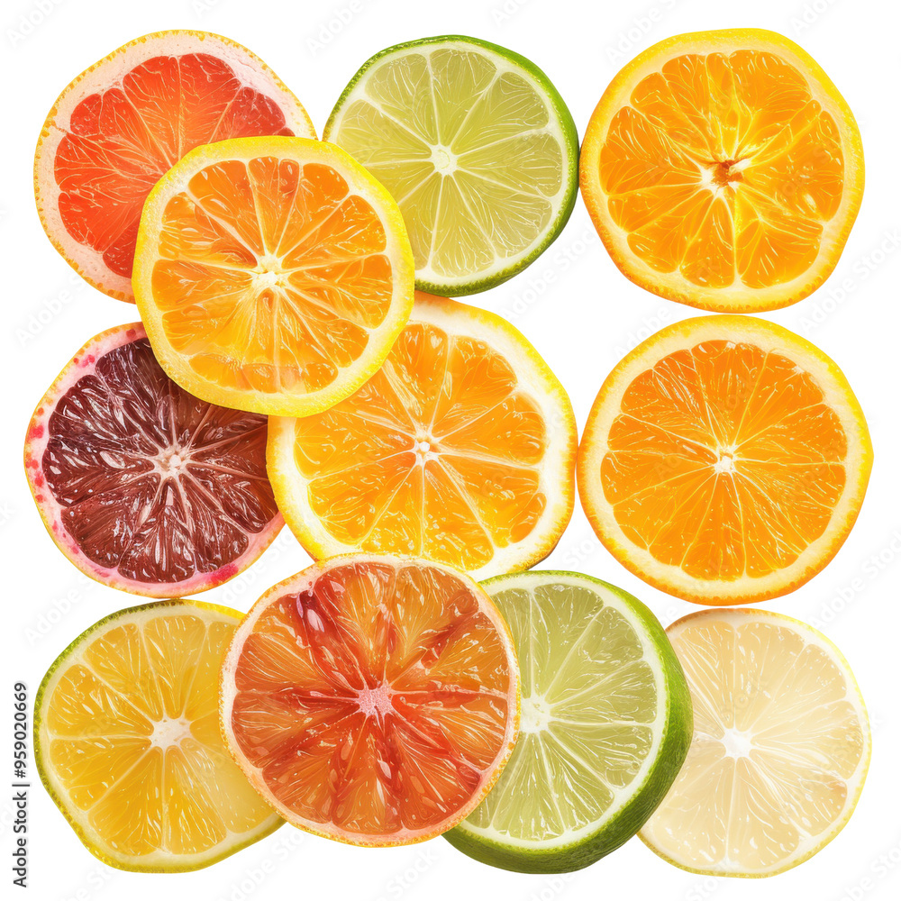 Obraz premium An artistic arrangement of citrus fruit slices including oranges, lemons, and limes, isolated on a transparent background. Perfect for food, summer, or refreshing drink concepts. PNG File,