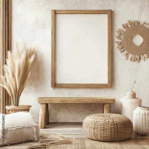 Mockup Frame in Nomadic Boho Interior with Rustic Decor, 3D Render, 4K HD wallpaper 