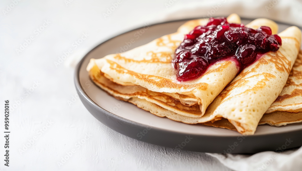 Crepes topped with luscious cranberry jam Crepes topped with luscious cranberry jam