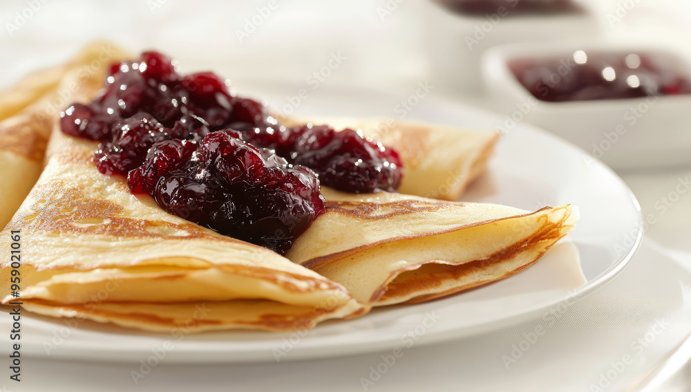 Crepes topped with luscious cranberry jam Crepes topped with luscious cranberry jam