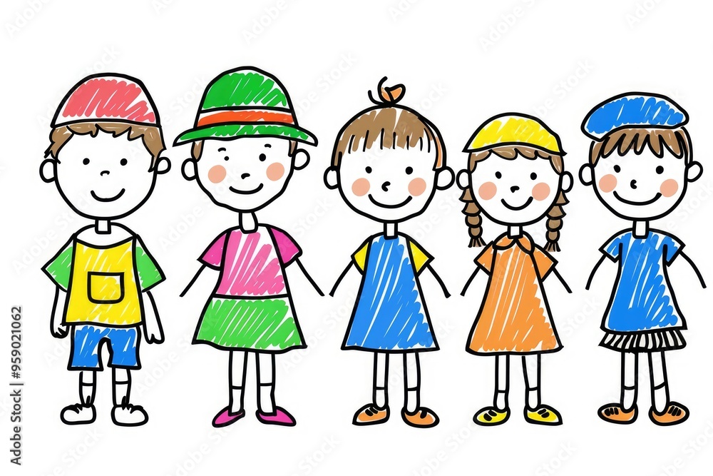 Colorful sketch of children in various poses and clothes on a white background in a cartoon style for children's books. Colorful sketch of children in various poses and clothes on a white background in a cartoon style for children's books.