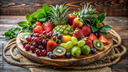 Vibrant arrangement of fresh seasonal fruits, including strawberries, grapes, kiwi, and pineapple, artfully arranged on a rustic wooden platter, surrounded by greenery and decorative twine.