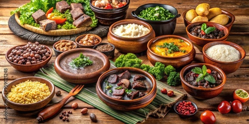 Vibrant arrangement of traditional Brazilian dishes, including feijoada, churrasco, and pao de queijo, on a rustic wooden table amidst lush greenery and colorful tiles.