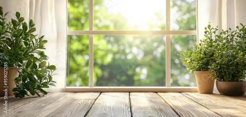 Sunlight Through Window with Plants on Wooden Sill Blurred Green Background Rustic Tabletop