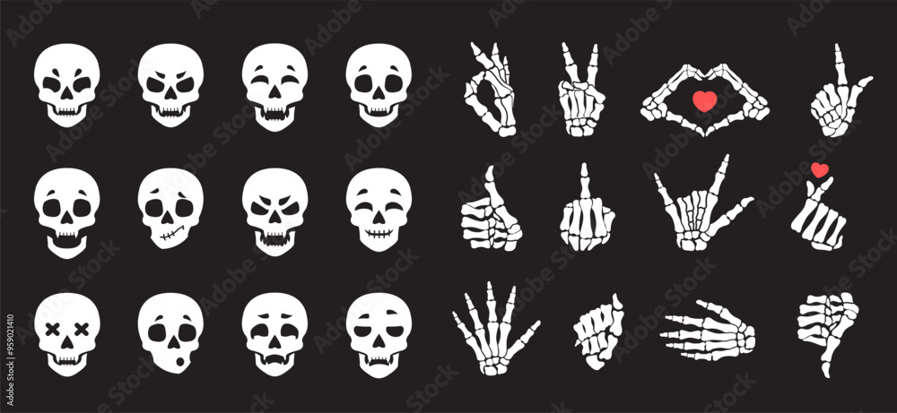 Emoji skull stickers, hands bones. Set of vector elements for Halloween. Various hand gestures, facial expressions. Emoji skull stickers, hands bones. Set of vector elements for Halloween. Various hand gestures, facial expressions.