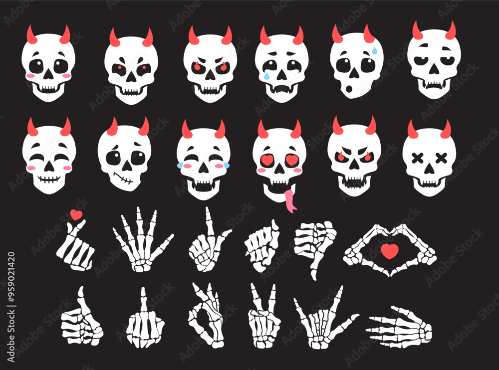 Set of skulls and skeleton. Various hand gestures, demonic skulls with horns. Set of vector stickers. Set of skulls and skeleton. Various hand gestures, demonic skulls with horns. Set of vector stickers.