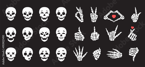Emoji skull stickers, hands bones. Set of vector elements for Halloween. Various hand gestures, facial expressions.