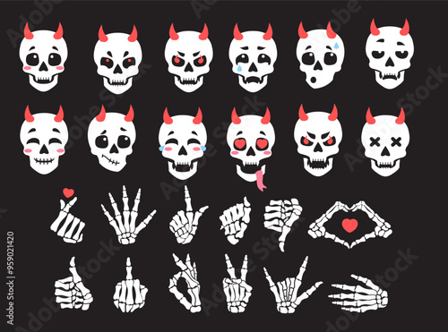 Set of skulls and skeleton. Various hand gestures, demonic skulls with horns. Set of vector stickers.