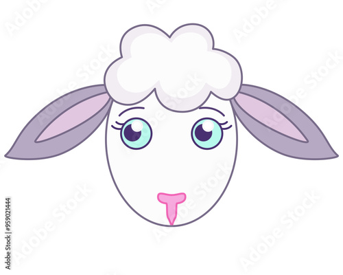 Cute muzzle of a sheep with blue eyes - a vector full-color picture with a farm pet. Lamb, children's picture	