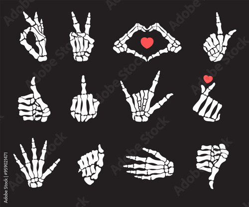 Skeleton hands Halloween set. Set of various hand gestures, fingers bones. Hands skeletons.