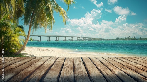 Palm Tree Framed View of a Bridge Over Turquoise Water and Wooden Deck in Front