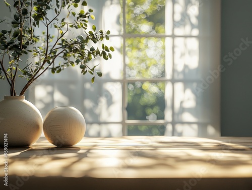 Sunlit Windowsill Minimalist Composition with Vases and Leaf Shadows on Wooden Table