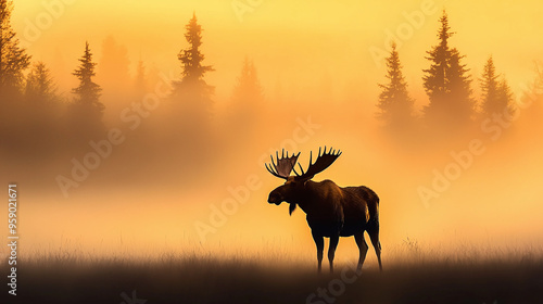 a majestic Canadian moose silhouette against a misty forest backdrop at dawn photo