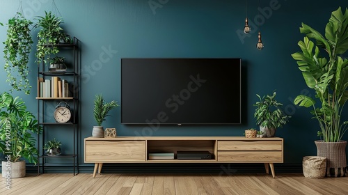 Modern Living Room A LowAngle View of a Stylish TV Stand with Greenery and a Teal Wall