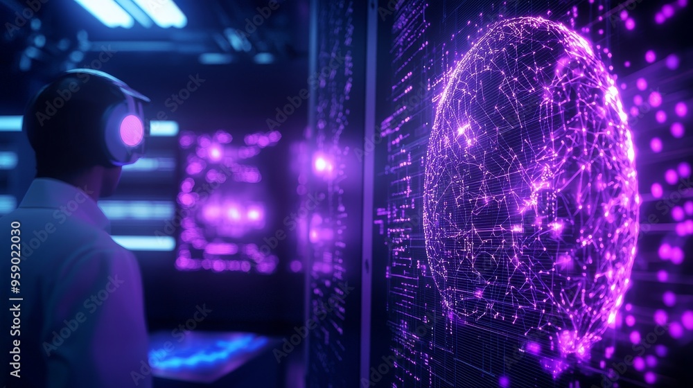 A person in a futuristic setting observes a large glowing screen displaying a complex network of data A person in a futuristic setting observes a large glowing screen displaying a complex network of data