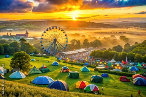 Vibrant atmosphere of a iconic British summer music festival, colorful tents and flags scattered across lush green fields, with a distant ferris wheel and morning mist. photo