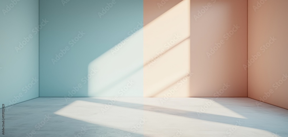 Fototapeta premium Minimalist Corner Room with Light Shadow Play Blue Peach White Walls Floor Sunlight Streaks