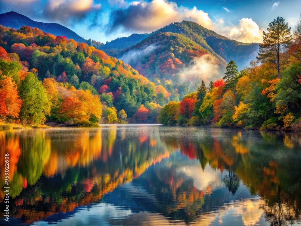 Vibrant autumn colors surround a serene mountain lake, reflected in still waters, amidst a backdrop of rugged hills and misty valleys in the Great Smoky Mountains. Vibrant autumn colors surround a serene mountain lake, reflected in still waters, amidst a backdrop of rugged hills and misty valleys in the Great Smoky Mountains.