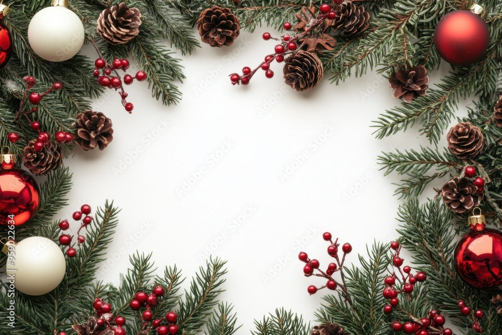 A festive Christmas frame decorated with pine, red ornaments, and cones perfect for holiday greetings or creative projects. A festive Christmas frame decorated with pine, red ornaments, and cones perfect for holiday greetings or creative projects.