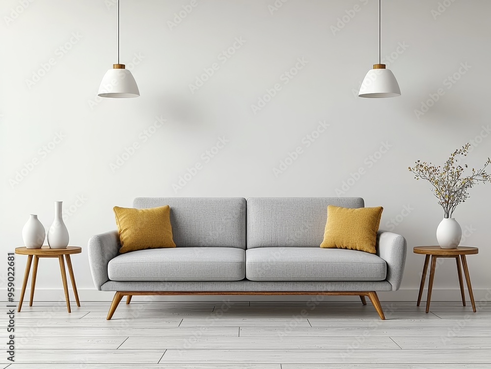 Minimalist Living Room Grey Sofa with Yellow Pillows White Lamps Low Angle Centered Composition Wood Floor White Wall Minimalist Living Room Grey Sofa with Yellow Pillows White Lamps Low Angle Centered Composition Wood Floor White Wall