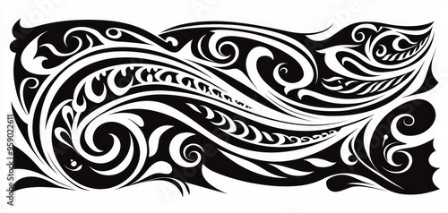 Abstract Black and White Swirling Design A Detailed Intricate Composition with Dynamic Flowing Shapes and Organic Motifs Tribal