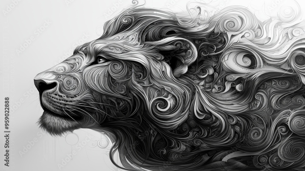 Obraz premium Lions Soul A Monochromatic Portrait in Swirling Abstract Details Tribal