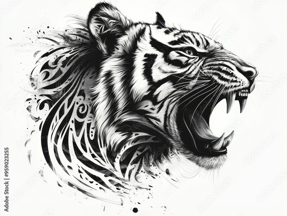 Obraz premium Black and White Tiger with Abstract Tribal Design Close Up Side Profile Ferocious Expression Ink Splashes Tribal