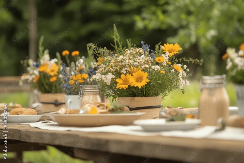 Rustic Summer Picnic Group of Adults Enjoying an Organic Meal with Wildflower Arrangements on Reclaimed Wood Table in a Tranquil Outdoor Setting During a Sunny Afternoon Rustic Summer Picnic Group of Adults Enjoying an Organic Meal with Wildflower Arrangements on Reclaimed Wood Table in a Tranquil Outdoor Setting During a Sunny Afternoon