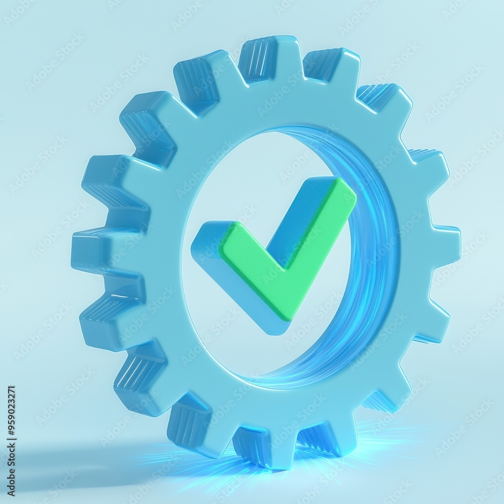 A modern blue gear symbol with a green check mark, representing efficiency and successful completion of tasks in a digital environment. A modern blue gear symbol with a green check mark, representing efficiency and successful completion of tasks in a digital environment.