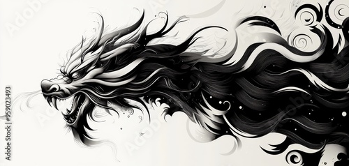 Dragons Fury Black White Linework Dragon with Swirling Abstract Background Tribal