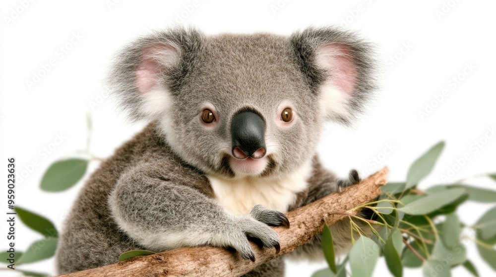 A koala bear clings to a eucalyptus branch, showcasing its distinctive features in a tranquil and isolated atmosphere A koala bear clings to a eucalyptus branch, showcasing its distinctive features in a tranquil and isolated atmosphere