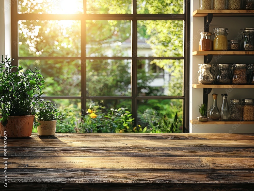 Sunlight Bathes Wooden Countertop Window View Greenery Potted Plants Shelving with Jars Sunlight Bathes Wooden Countertop Window View Greenery Potted Plants Shelving with Jars