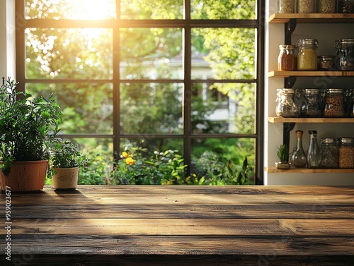 Sunlight Bathes Wooden Countertop Window View Greenery Potted Plants Shelving with Jars