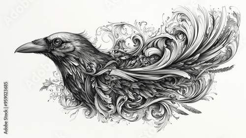 Raven Transformed A black and white illustration of a raven with its wings intricately woven into a baroque pattern Tribal