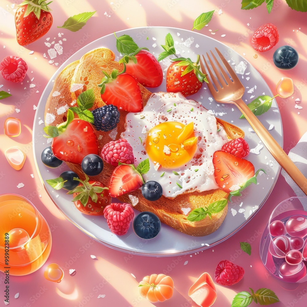 A plate of french toast topped with fresh berries, a fried egg, and a fork, on a pink background. A plate of french toast topped with fresh berries, a fried egg, and a fork, on a pink background.