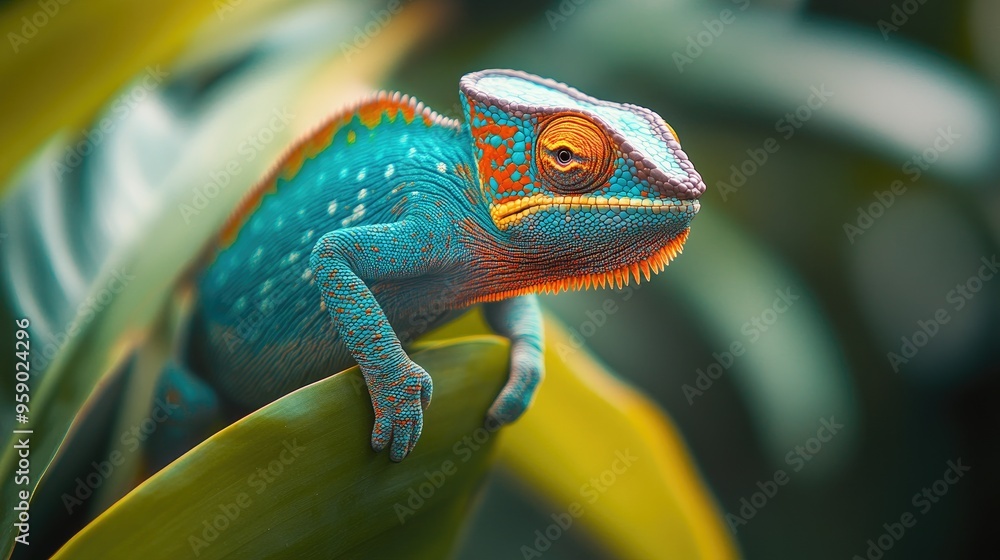 Fototapeta premium A vibrant chameleon perched on a leaf, showcasing its colorful scales in a lush environment.