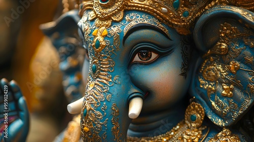 Close Up of Lord Ganesha Statue with Intricate Gold Details