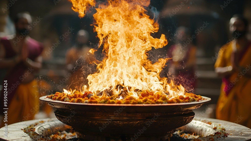 Fire Ritual in Temple with Offering Flowers Fire Ritual in Temple with Offering Flowers