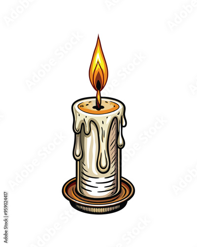 Editable stroke vector illustration of a lit candle with dripping wax, sitting in a metal holder.