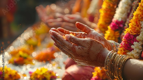 Indian Wedding Ceremony Hands with Henna and Flowers