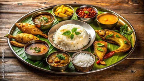 Vibrant Bengali thali overflowing with flavorful dishes including aromatic rice, lentil curry, crispy fried fish, and sweet desserts, set against a warm golden background. photo