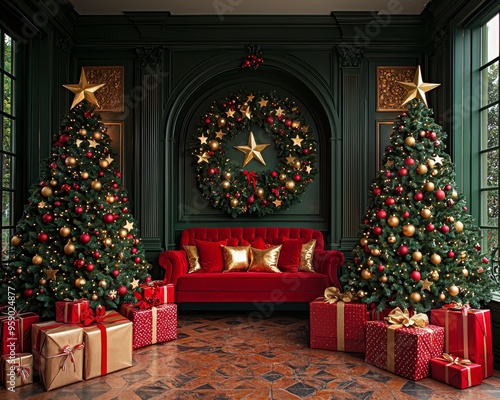 Festive Opulence Twin Christmas Trees Flanked by Gifts in a Luxurious Green Room with a Red Velvet Sofa and a Goldtrimmed Wreath photo